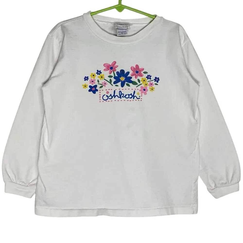 Vintage 90s OshKosh B'gosh Shirt Girls 5 White Top Flowers Long Sleeve USA Y2K